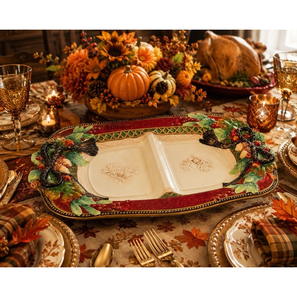 VTG Fitz & Floyd Christmas Divided Serving Platter 2 Section Holly Bow Berry